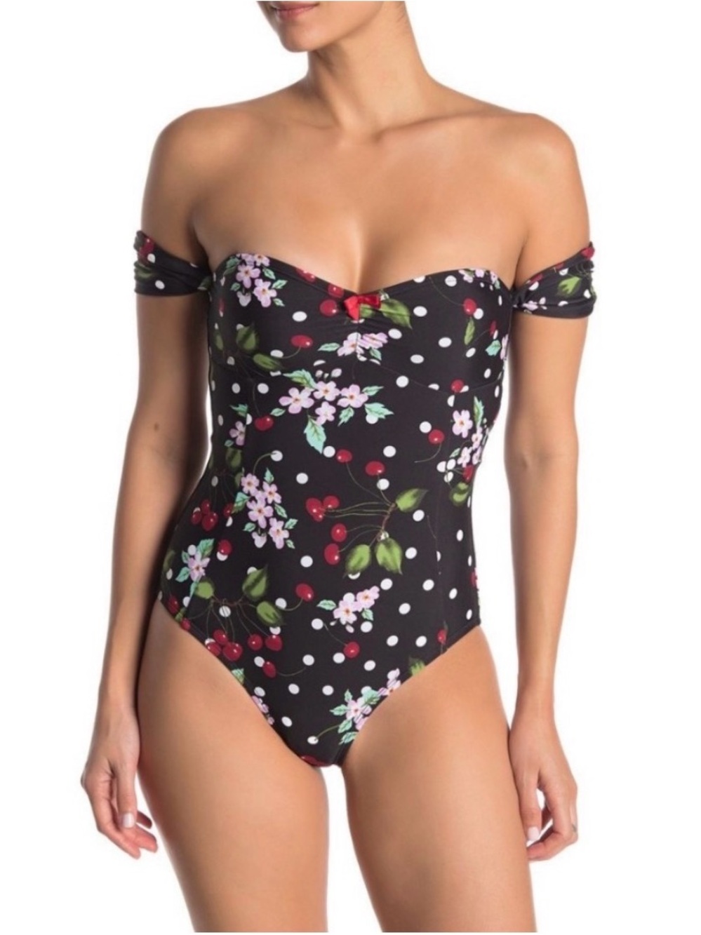 Betsey Johnson Cherry Bomb Off-Shoulder Floral Cherry One-Piece Swimsuit